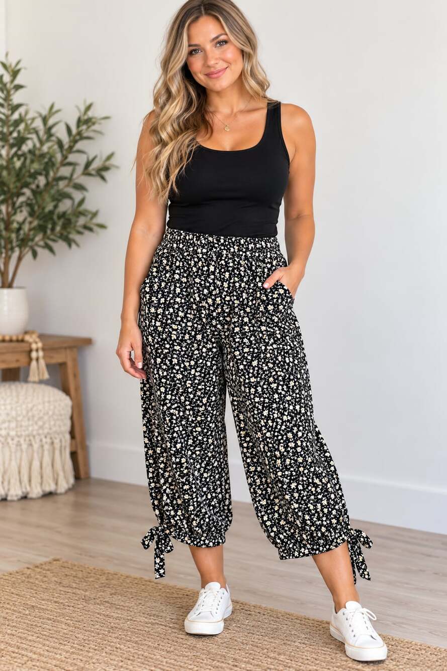 Modlily Black Split Ditsy Floral Jogger Size 2XL Pants